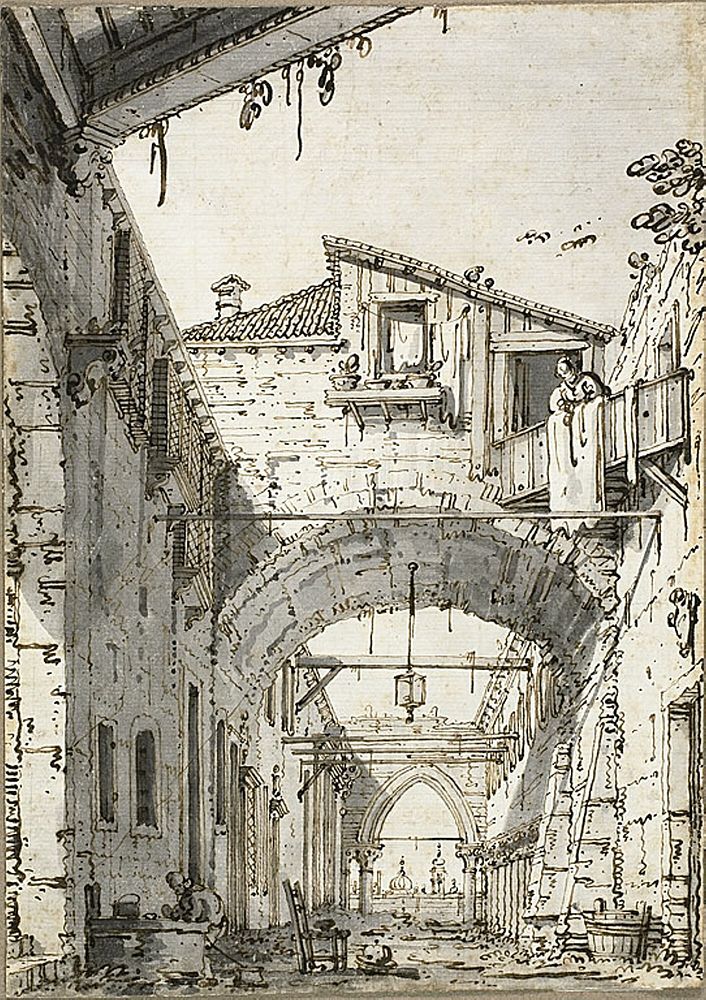 Capriccio: A Street Crossed by Arches (recto) Sketches of Doorway, Staircase and Second Floor of Building(verso) by Canaletto