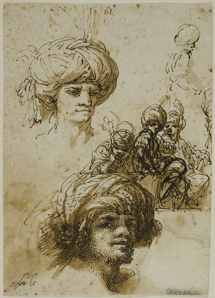 Sketches of Turbanned Men (recto); Fragment of a Figure and Sketches of Foliated Architectural Ornament (verso) by Salvator…