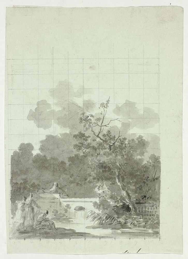 View of the Park at Versailles: Fishing in Pond Near Grove of Trees by Pierre Antoine Mongin