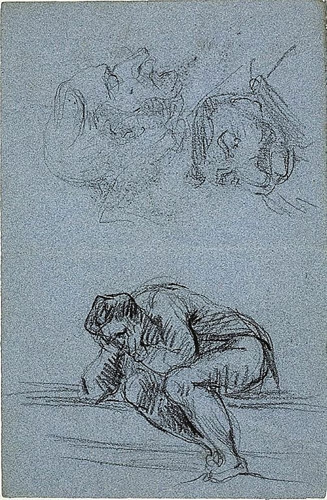 Seated Figure with Head in Hands and Two Caricatures (recto); Four Figures in a Lunette (verso) by Jean Baptiste Carpeaux