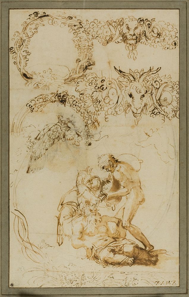 Drunken Silenus and Decorative Sketches: Studies for the Tazza Farnese (recto); Two Putti Fighting: Study for the Galleria…