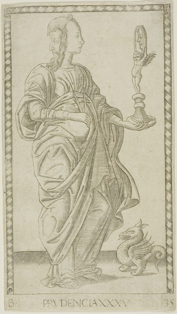 Prudence, plate 35 from Genii and Virtues by Master of the E-Series Tarocchi