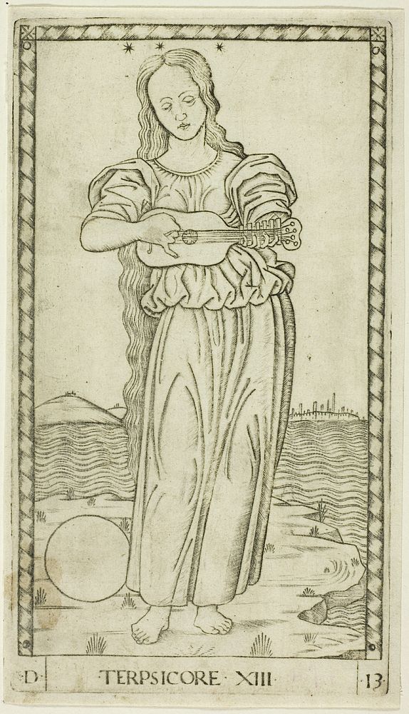Terpsichore, plate thirteen from Apollo and the Muses by Master of the E-Series Tarocchi