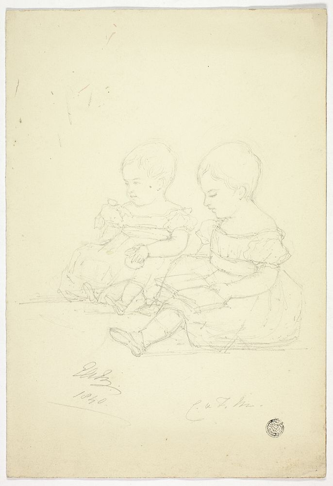 Two Seated Baby Girls (recto), a Still Life, and Two Animals (verso) by Elizabeth Murray