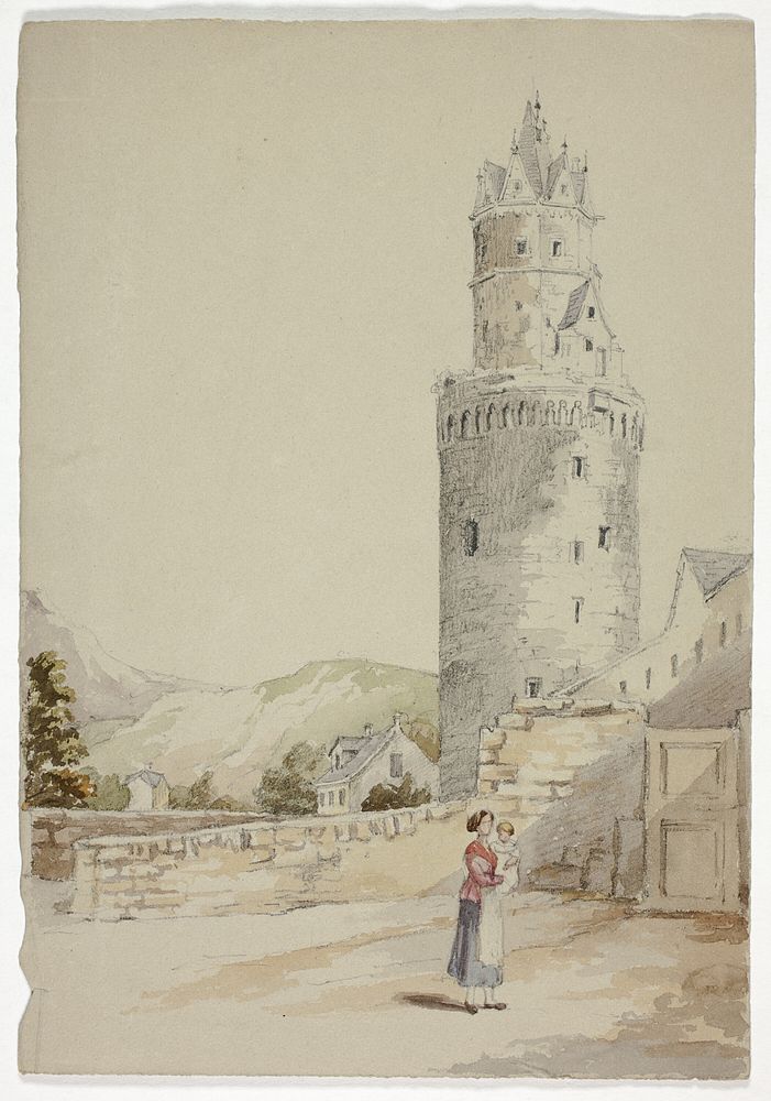 Woman and Child before Walled Town with Tower by Elizabeth Murray