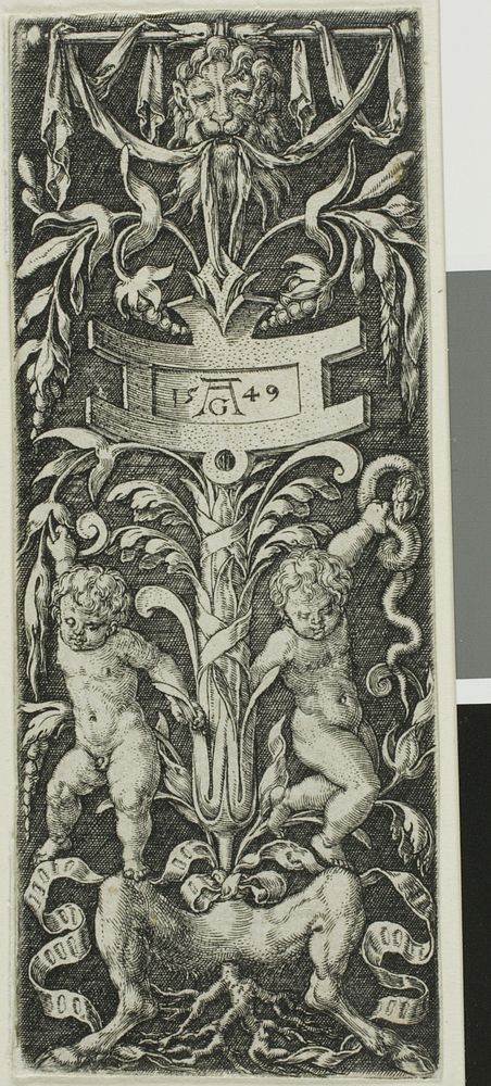 Panel of Ornament with Two Nude Boys Standing on the Legs of a Satyr by Heinrich Aldegrever