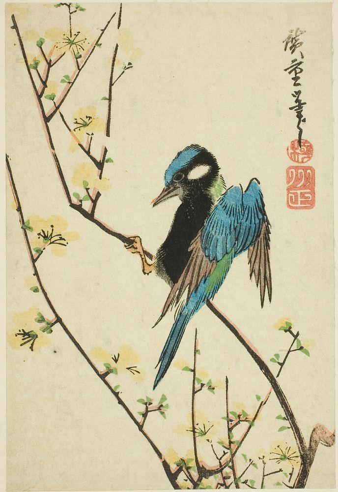 Java sparrow on cherry branch by Utagawa Hiroshige