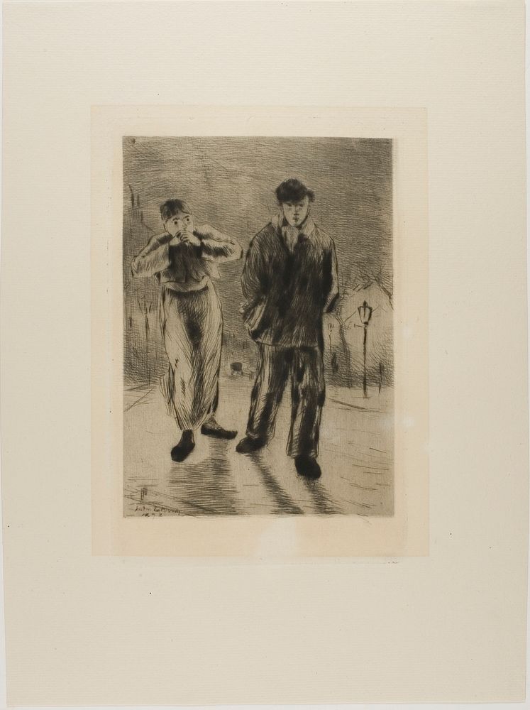 Plate from l'Assommoir (two boys on gaslit street) by Gaston La Touche