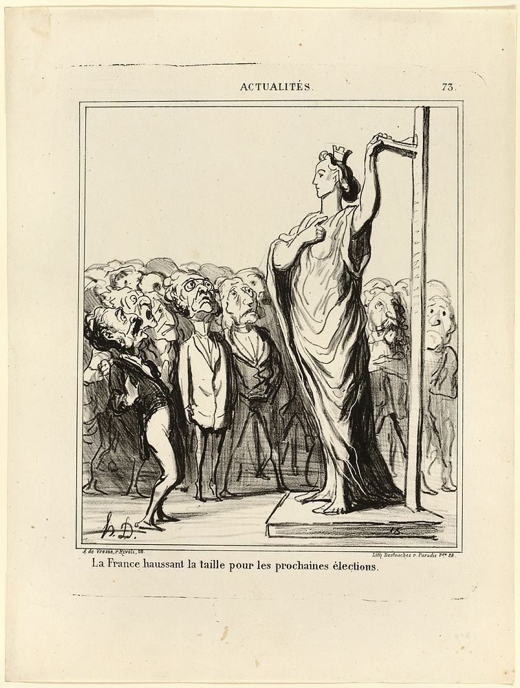 France preparing to get her candidates to pass muster under the measure of standards, plate 73 from Actualités by Honoré…