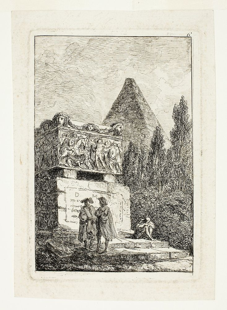 Landscape with Pyramid and Sarcophagus, plate six from Les Soirées de Rome by Hubert Robert