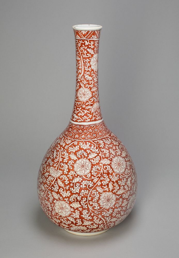 Large Export Copper-Red 'Floral' Bottle Vase