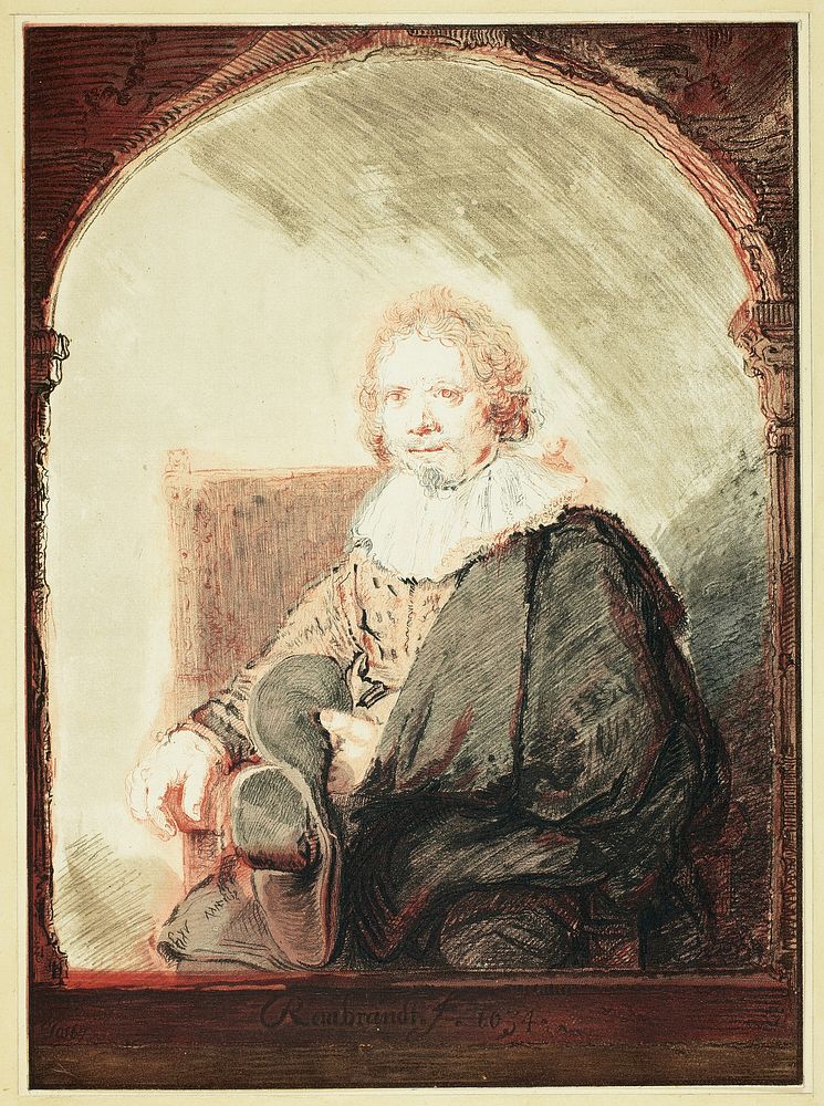 Portrait of a Man in an Arm Chair, from Collection d'imitations de Dessins d'après les Principaux Maîtres Hollandais et…