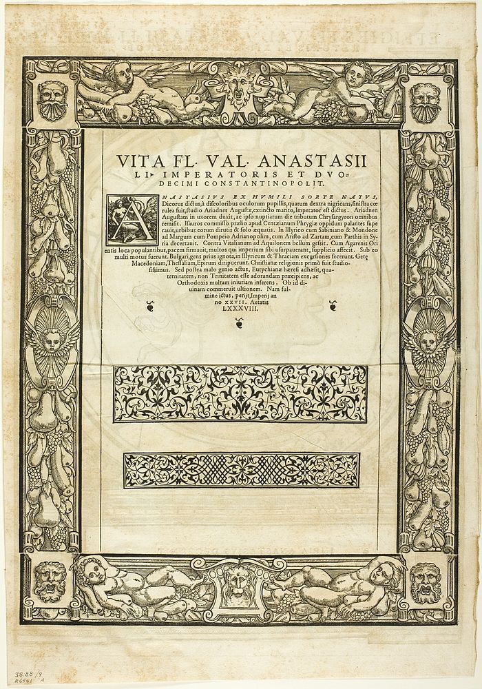 Decorative Border (recto) and Portrait of Emporer Anastasius (verso), plate nine from Woodcuts from Books of the XVI Century…