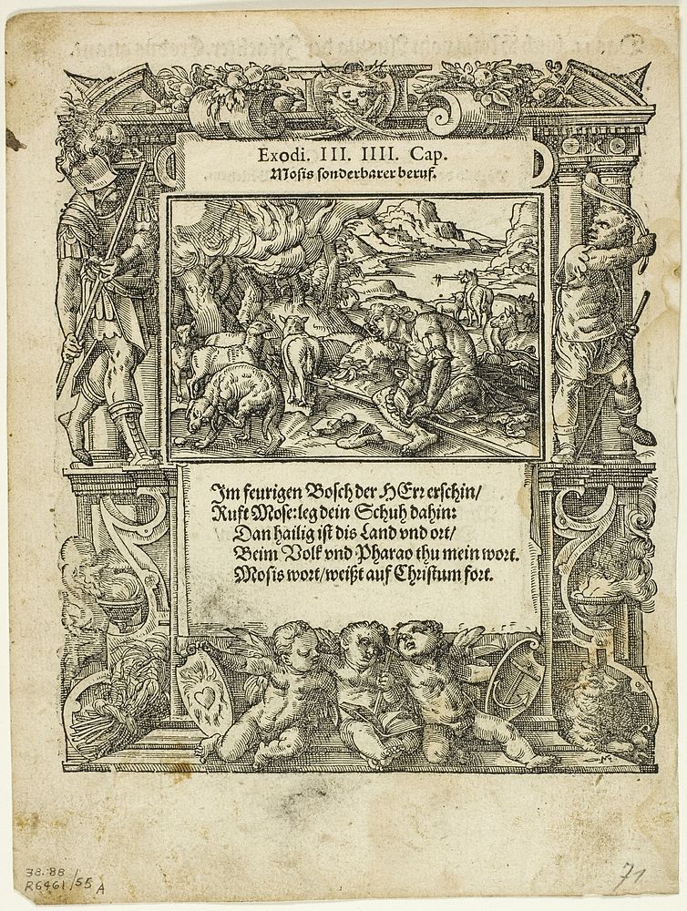 Moses and the Burning Bush (recto) and The Infant Moses Put into the River (verso) from Neue künstliche Figuren biblischer…