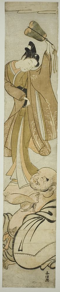 Hotei Balances a Young Man on His Arm by Masunobu