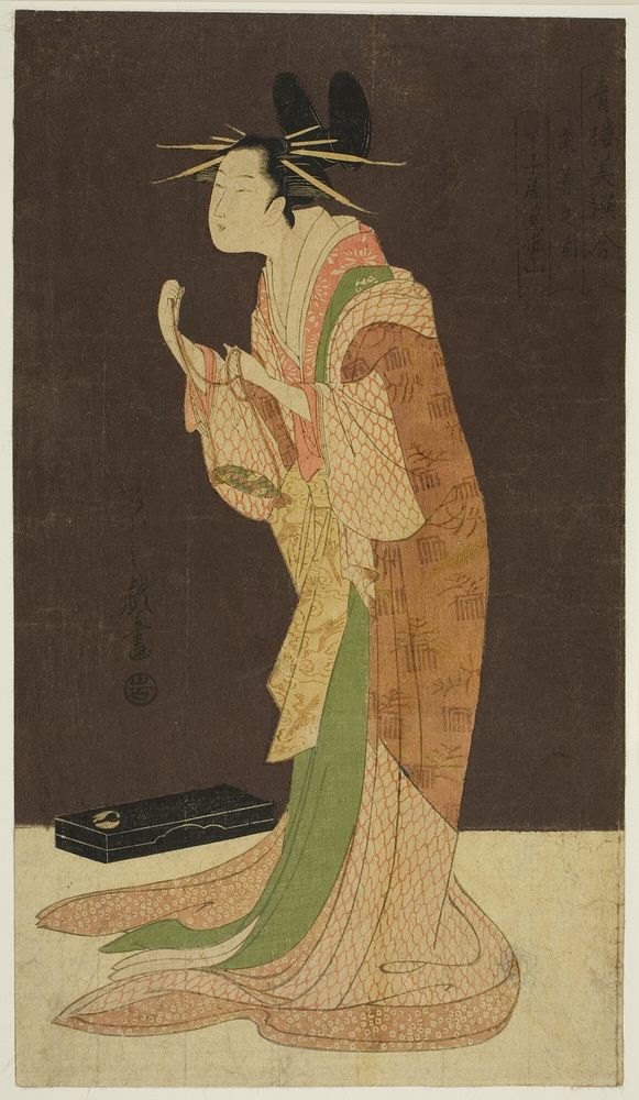 A Selection of Beauty from the Pleasure Quarters (Seiro bisen awase): Misayama of the Chojiya in Night Dress (Tokogi no zu -…