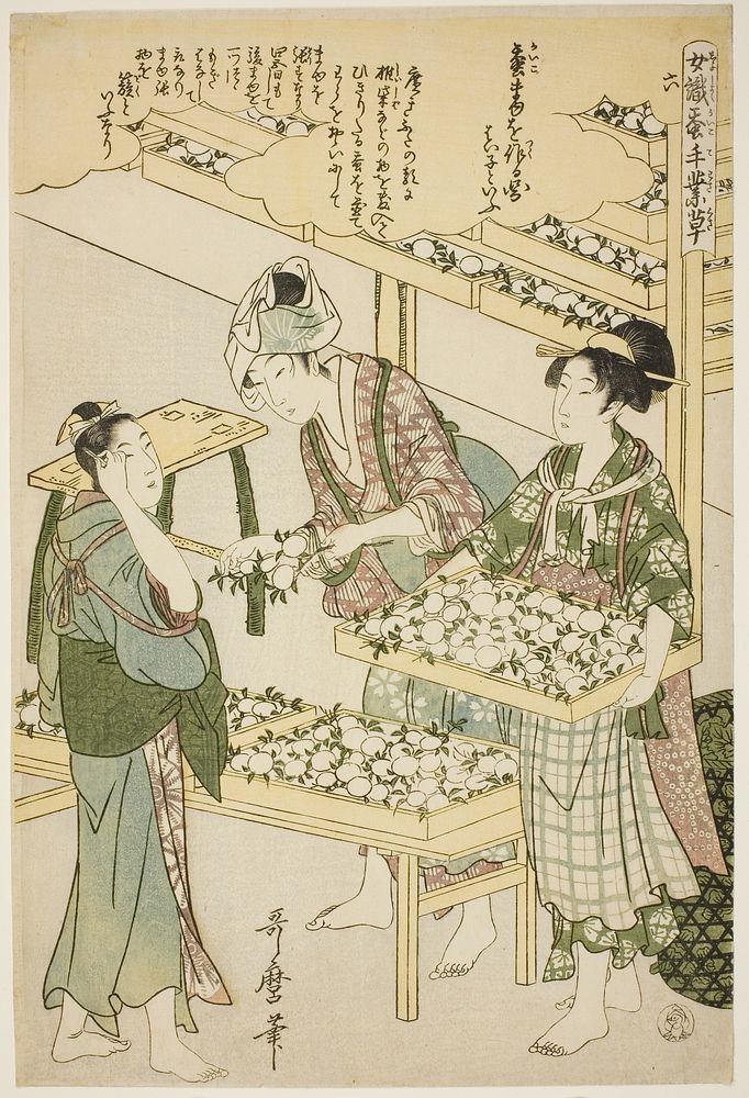 No. 6 (roku), from the series "Women Engaged in the Sericulture Industry (Joshoku kaiko tewaza-gusa)" by Kitagawa Utamaro