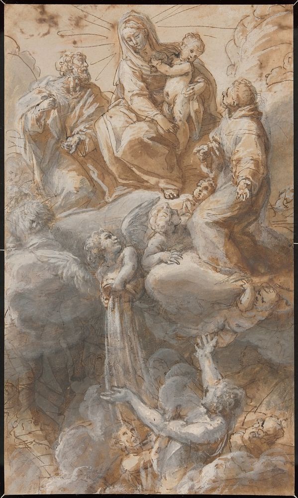 The Virgin and Saint Joseph with Saint Anthony of Padua Seated in the Heavens Interceding for the Souls in Purgatory, While…