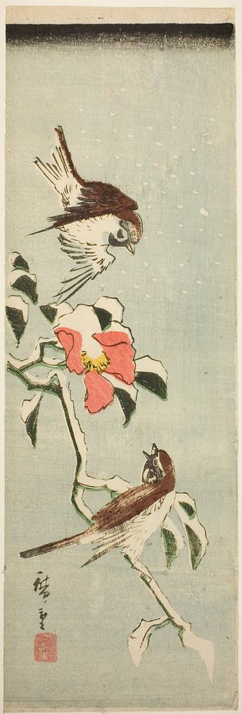 Sparrows and camellia in snow by Utagawa Hiroshige
