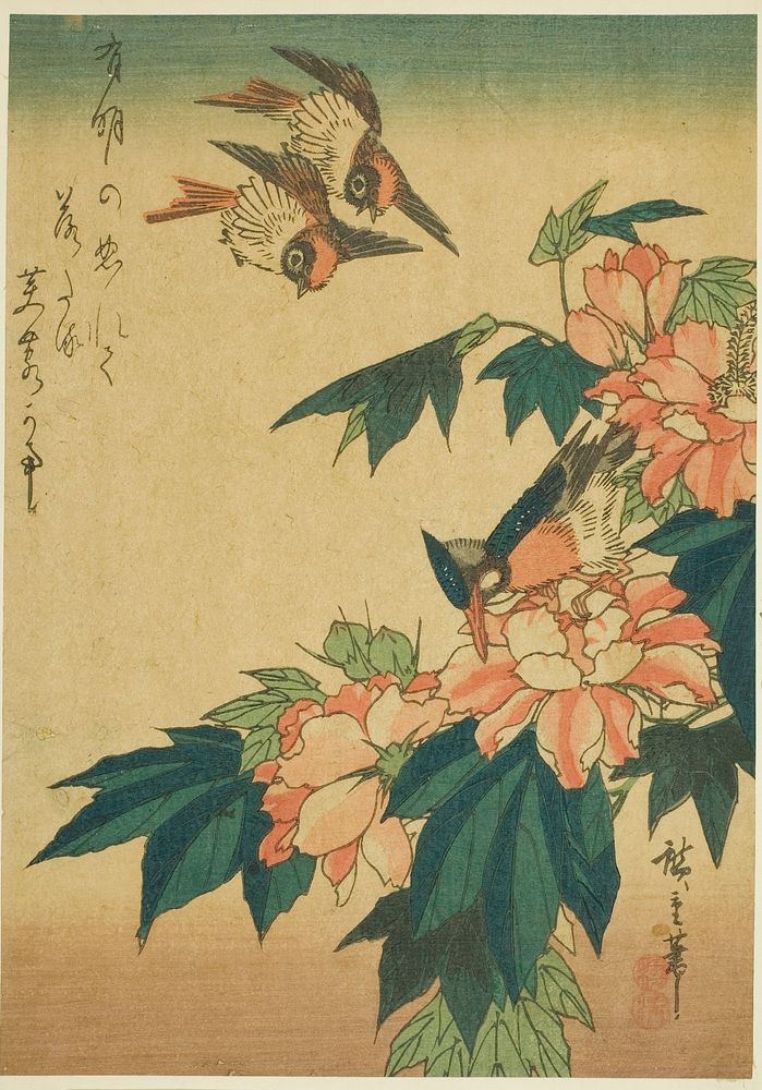 Swallows, kingfisher, and hibiscus by Utagawa Hiroshige