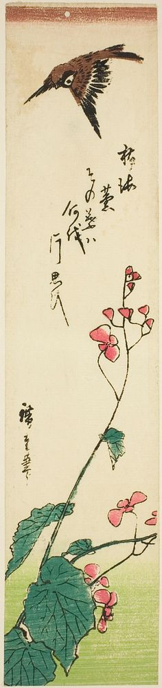 Sparrow flying over begonias by Utagawa Hiroshige