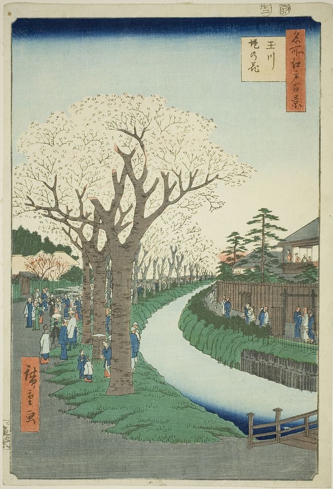 Blossoms on the Tama River Embankment (Tamagawa-zutsumi no hana), from the series "One Hundred Famous Views of Edo (Meisho…