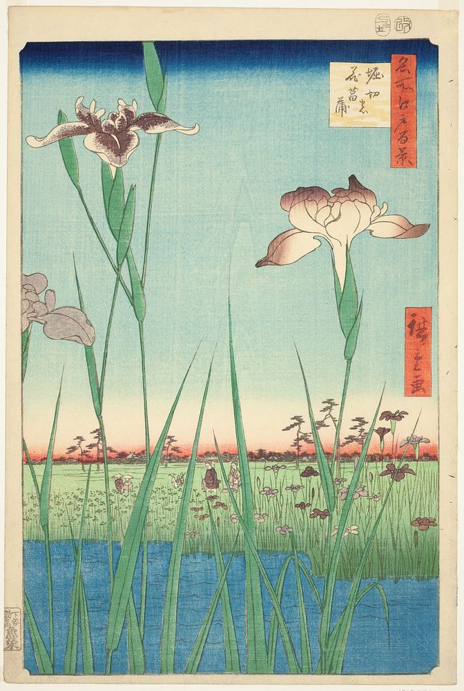 Irises at Horikiri (Horikiri no hanashobu), from the series "One Hundred Famous Views of Edo (Meisho Edo hyakkei)" by…
