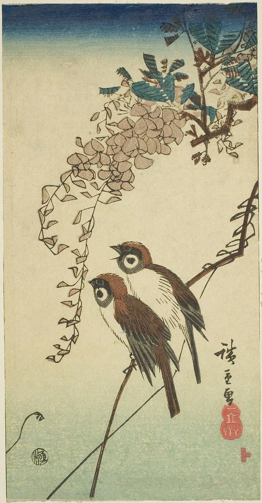 Sparrows and wisteria by Utagawa Hiroshige