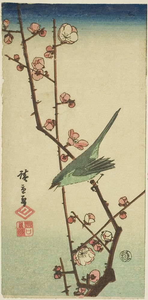 Warbler on plum branch by Utagawa Hiroshige