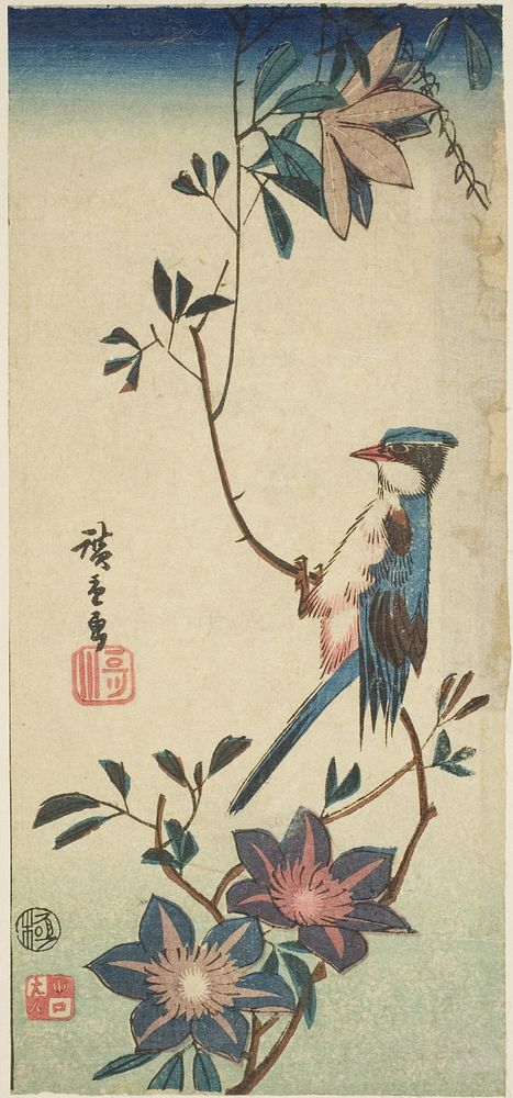 Blue bird on clematis by Utagawa Hiroshige