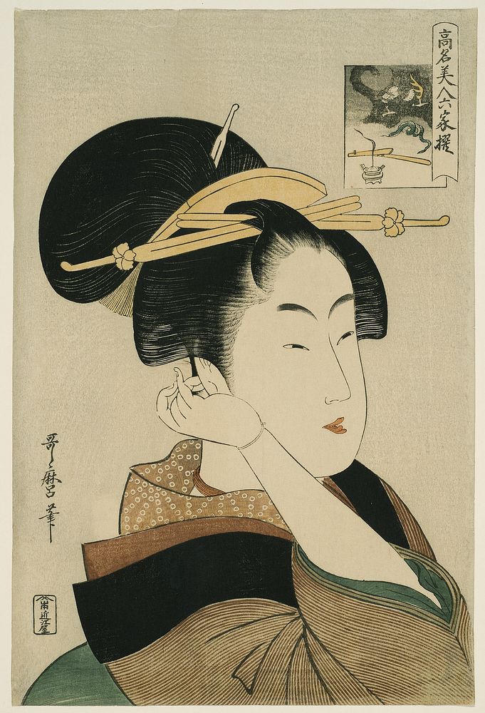 Tatsumi Roko, from the series “Renowned Beauties Likened to the Six Immortal Poets" ("Komei bijin rokkasen") by Kitagawa…
