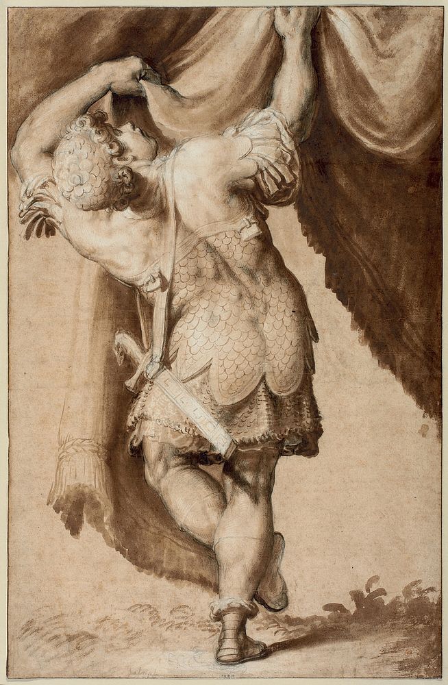 Young Warrior, Seen from Behind, Lifting a Curtain by Francesco Salviati