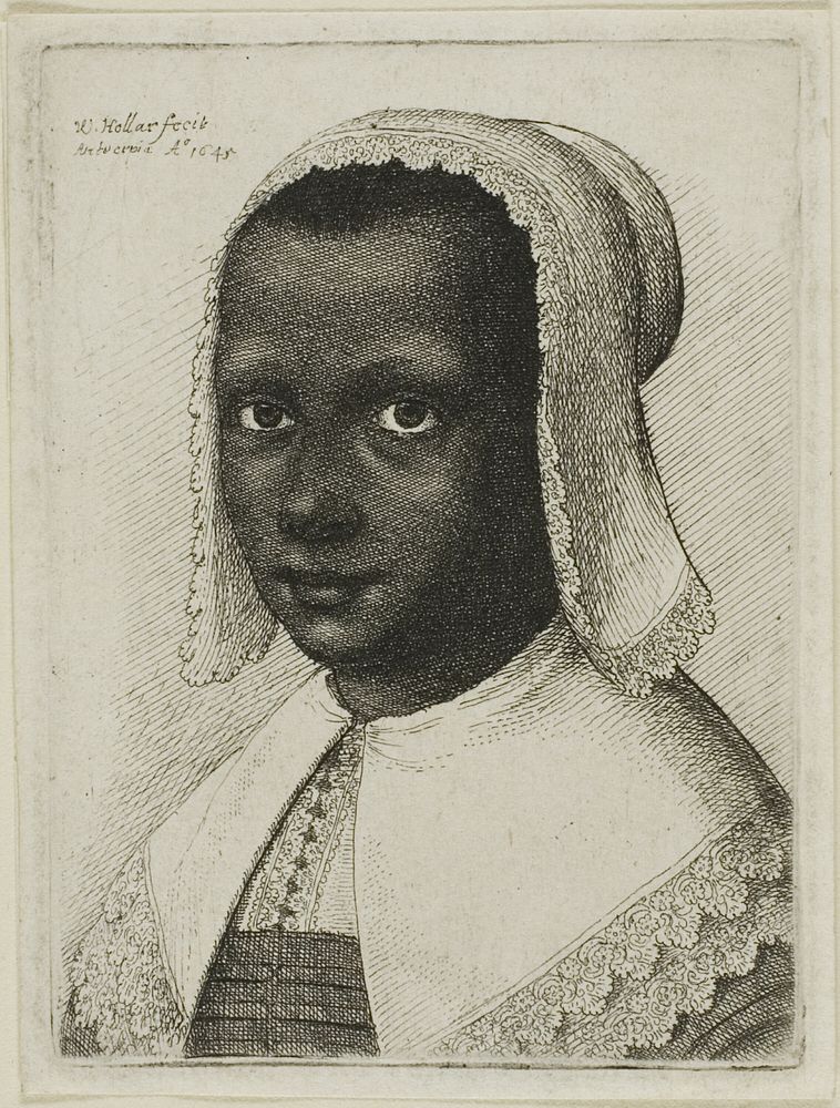 Head of a Black Woman with a Lace Kerchief Hat by Wenceslaus Hollar