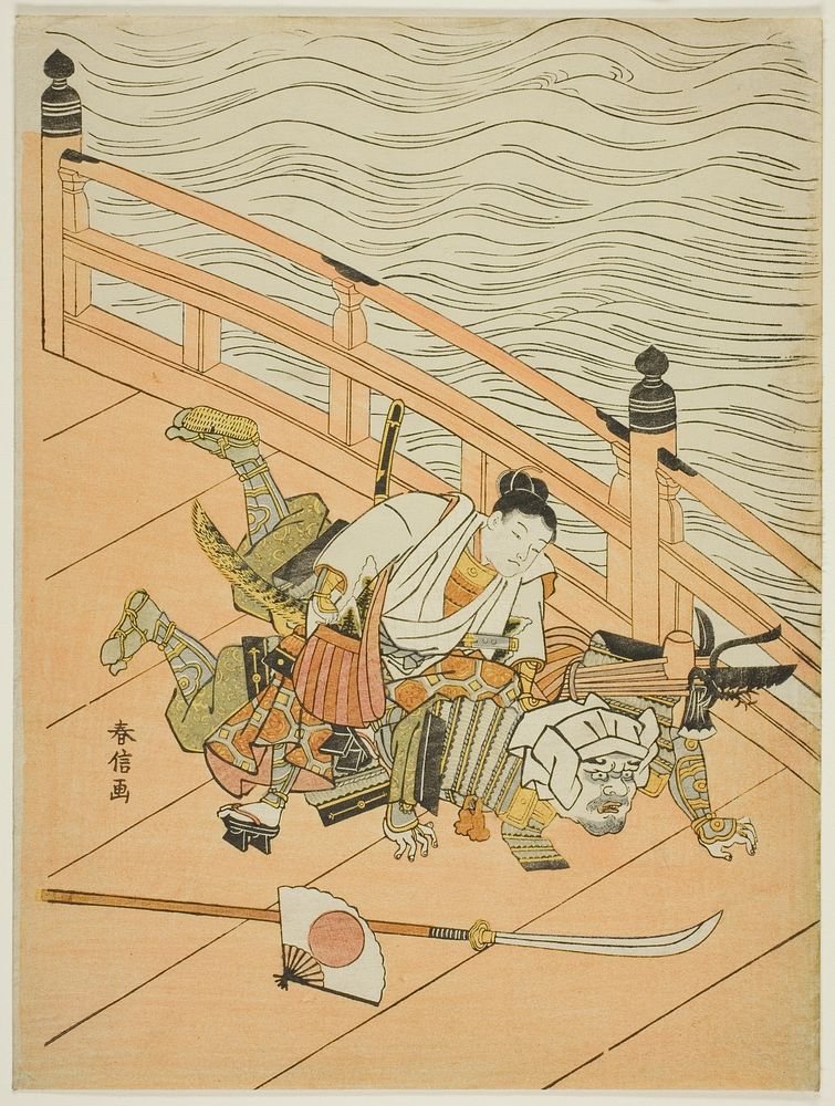 Ushiwakamaru and Benkei fighting on Gojo Bridge by Suzuki Harunobu