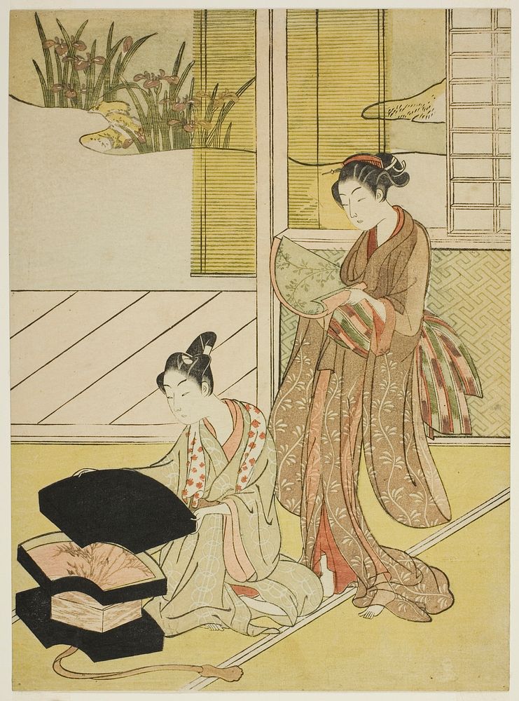 A Fan Peddler Showing his Wares to a Young Woman by Suzuki Harunobu