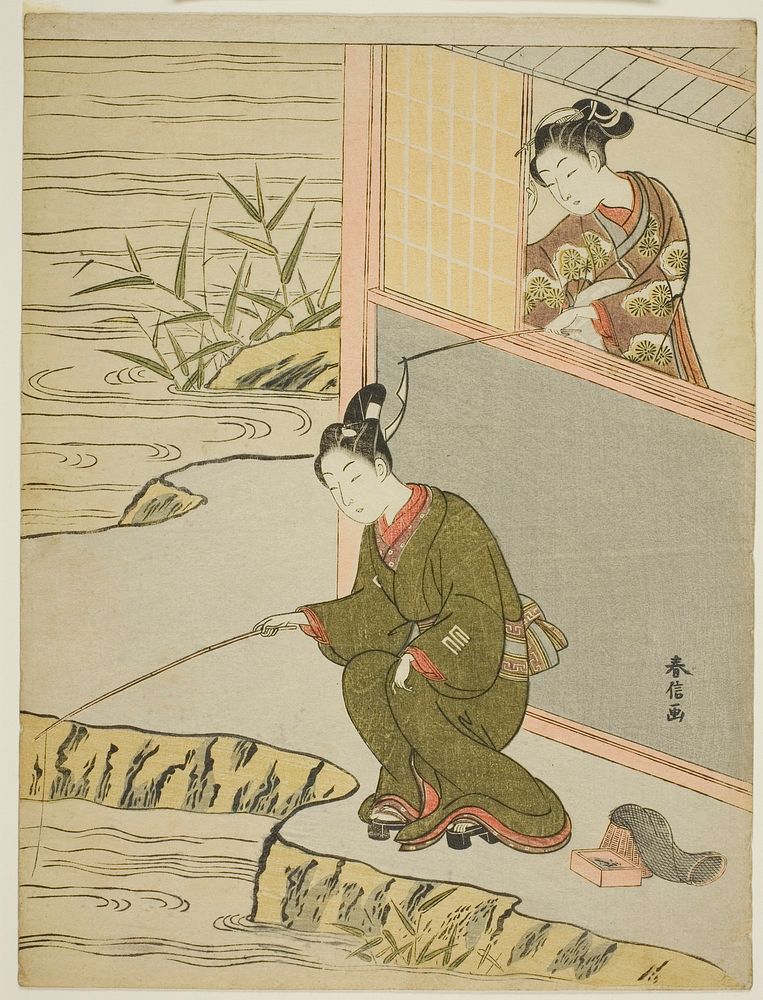 Beauty Teasing a Young Man Fshing by Suzuki Harunobu