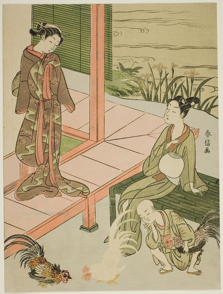 Watching a Cockfight at the Edge of the Veranda by Suzuki Harunobu