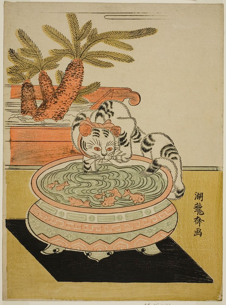 Cat Pawing at Goldfish by Isoda Koryusai
