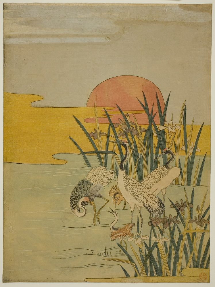 Cranes in an Iris Pond at Sunrise by Isoda Koryusai