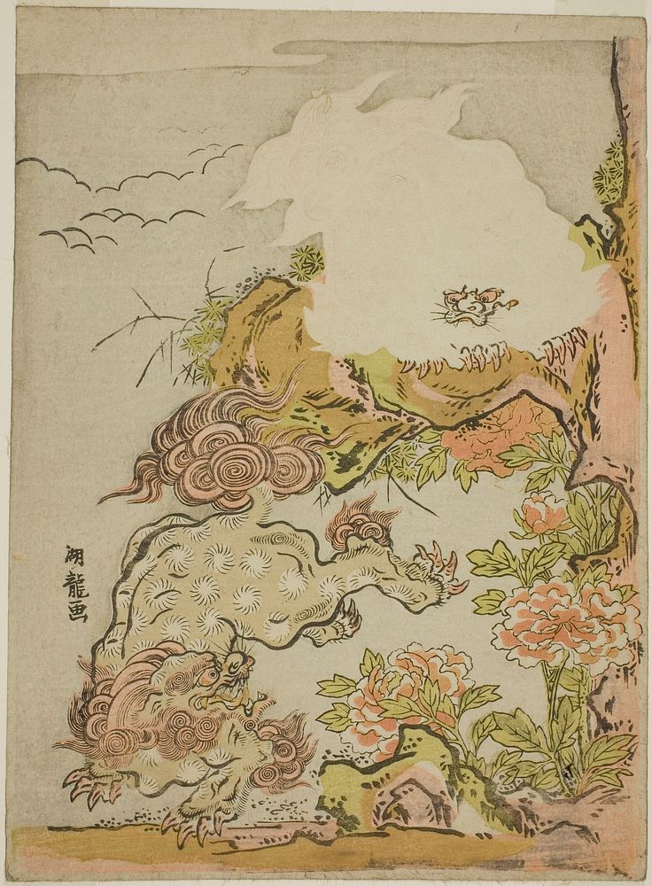 Chinese Lions and Peonies by Isoda Koryusai