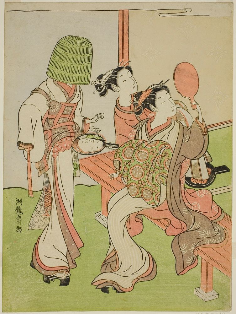 A Courtesan and Her Attendant Using Mirrors to Identify a Mendicant Monk by Isoda Koryusai