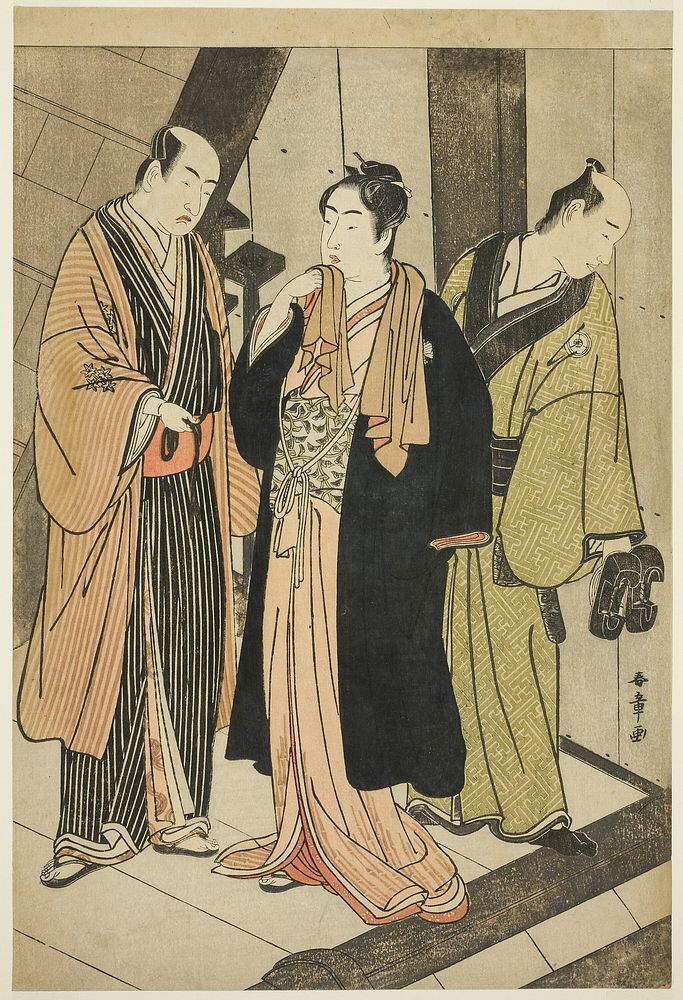 Actors Ichikawa Monnosuke II, Iwai Hanshirô IV, and (possibly) Iwai Karumo on a Landing Backstage by Katsukawa Shunsho