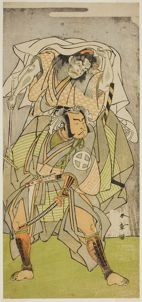 The Actors Otani Hiroji III as Koga Saburo, and Ichimura Uzaemon IX as the Devil of Kogakeyama, the Spirit of Wakasa no…