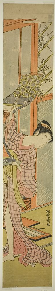 Young Woman Hanging a Painting by Isoda Koryusai