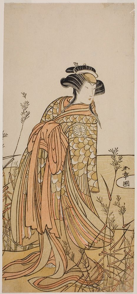 The Actor Segawa Kikunojo III as Spirit of a Mandarin Duck (Oshidori) Disguised as Tagasode, in the Play Hana-zumo Genji…