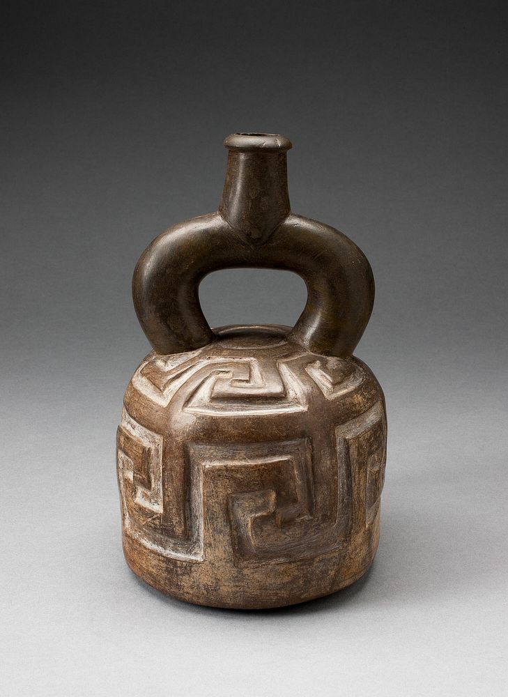 Stirrup Spout Vessel with Raised Geometric Scroll Motif by Cupisnique