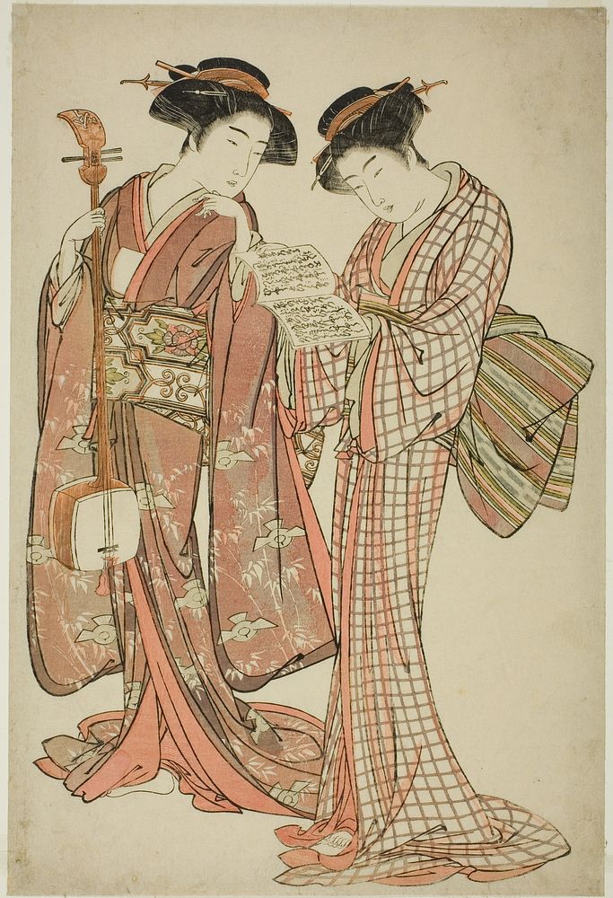 Two Geisha Holding a Shamisen and a Song Book by Kitao Shigemasa