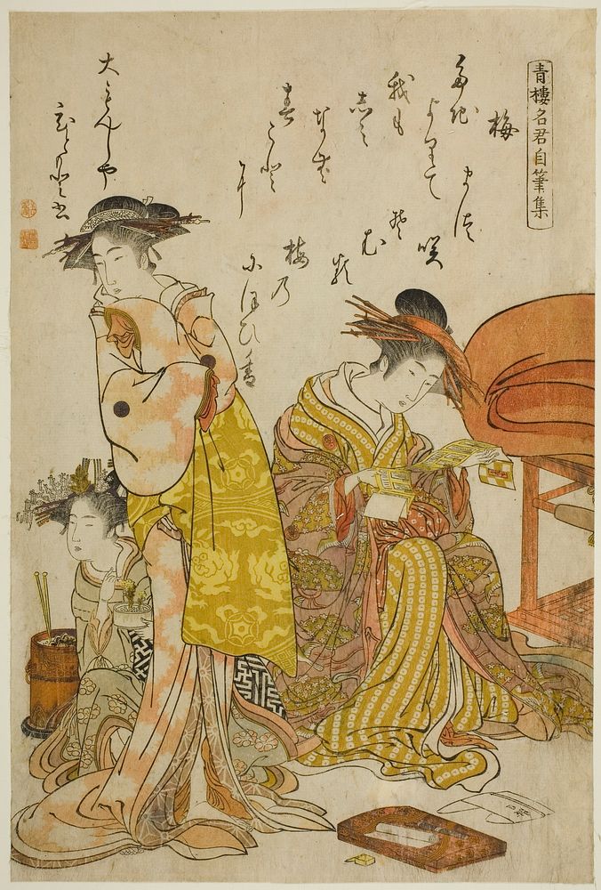 The Courtesan Hitomoto of the Daimonjiya, from the album "Comparing New Beauties of the Yoshiwara - A Mirror of Their Own…