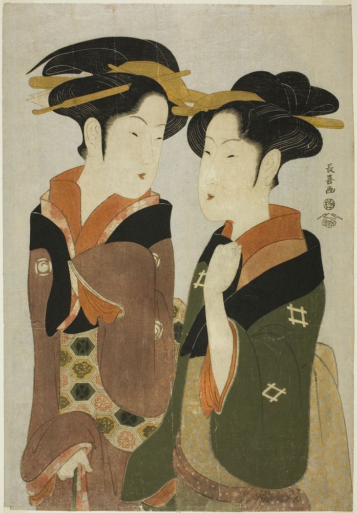 Kan, a waitress of the Izutsuya, and the geisha Fuseya of the Ogiya by Eishosai Choki