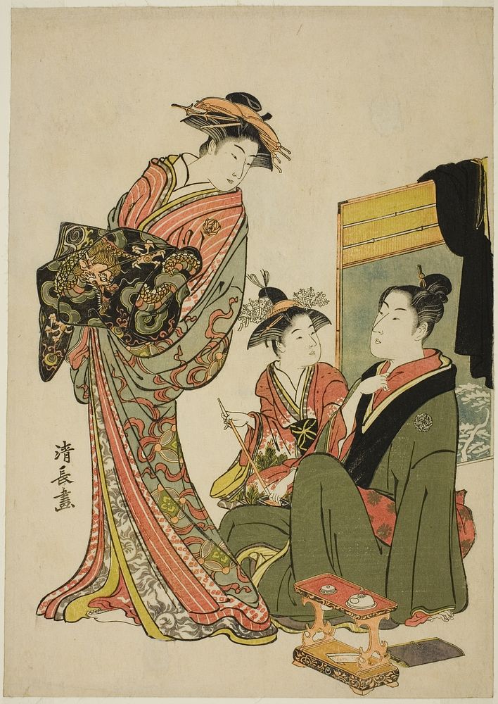 The Actor Nakamura Riko with a courtesan, from an untitled series of aiban prints depicting Actors in private life by Torii…